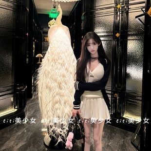 【TiTi美少女】小众针织拉链修身减龄长袖外套针织背心百褶裙套装