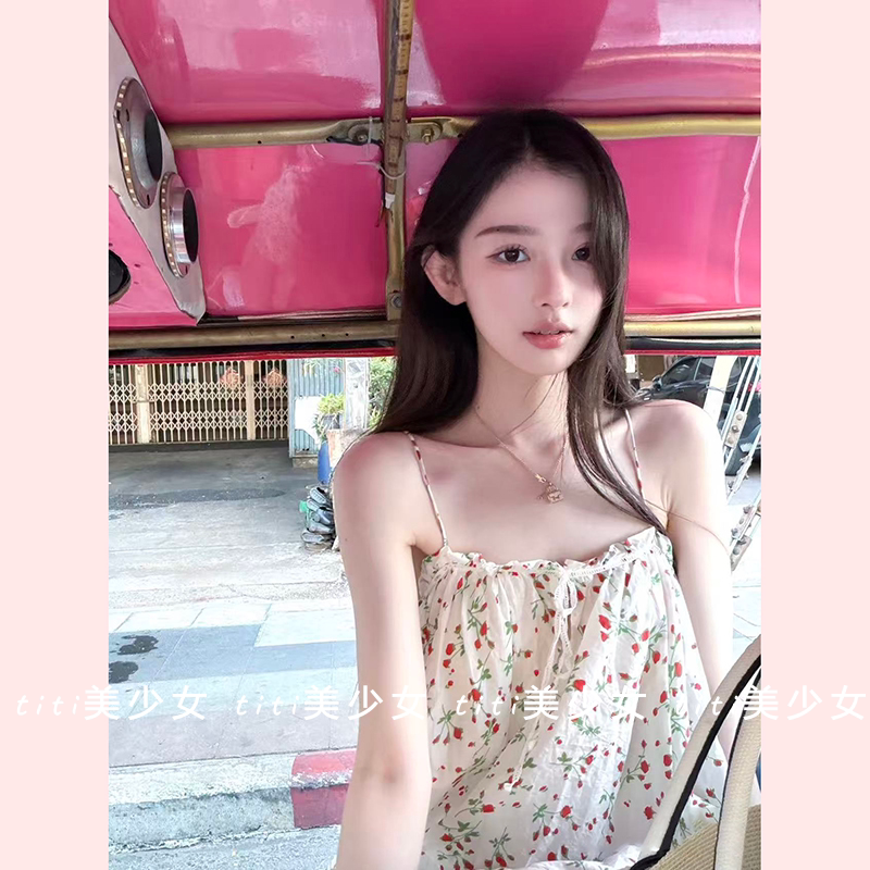 【TiTi美少女】薄款性感吊带裙女碎花宽松中长款露背纯欲风连衣裙