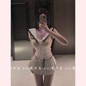 TiTi美少女 甜美小众设计显瘦透气海军领针织T恤马甲背心上衣