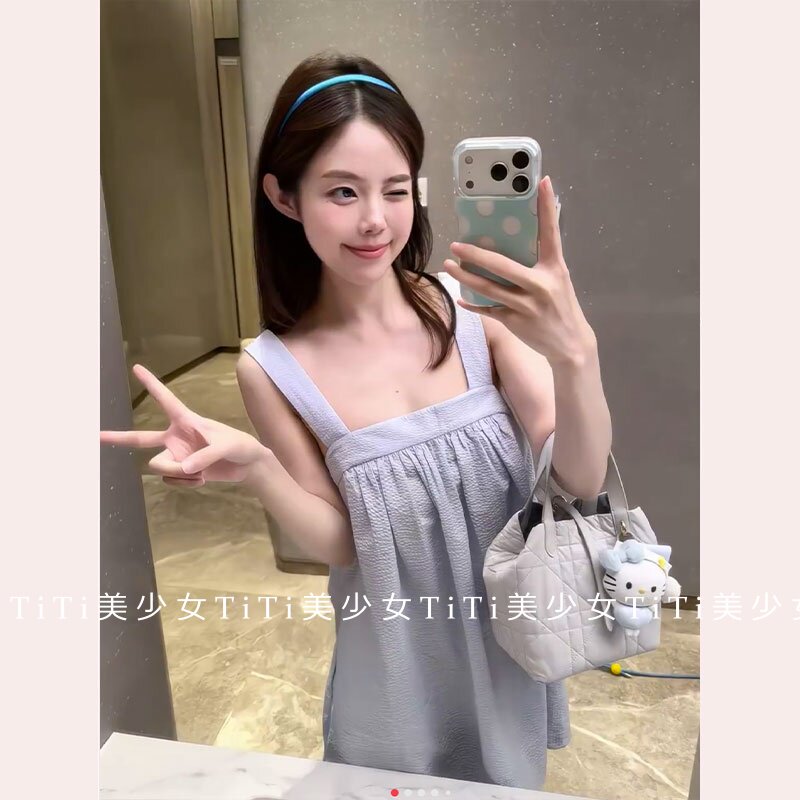 【TiTi美少女】baby蓝少女法式吊带连衣裙清冷甜美后背交叉短款裙