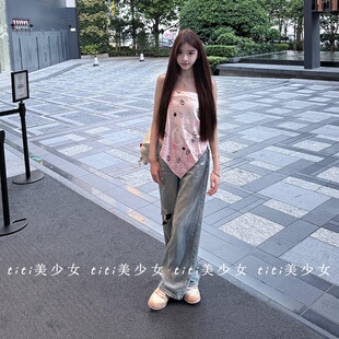 【TiTi美少女】2026春季纯欲性感绸面抹胸不规则印花上衣丝巾女装