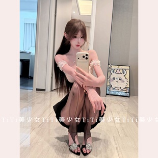 【TiTi美少女】撞色波点网纱拼接方领泡泡袖T恤收腰显瘦短款上衣