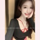 黑色纯欲U领显胸紧身长袖 TiTi美少女 T恤上衣女春打底红色内衣