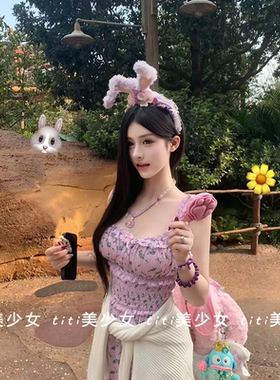 【TiTi美少女】甜美清纯薰衣草紫色碎花抹胸式收腰吊带连衣裙女