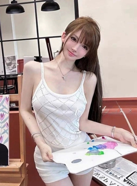 【TiTi美少女】bewithRosey白色小香风格纹重工烫钻针织吊带背心