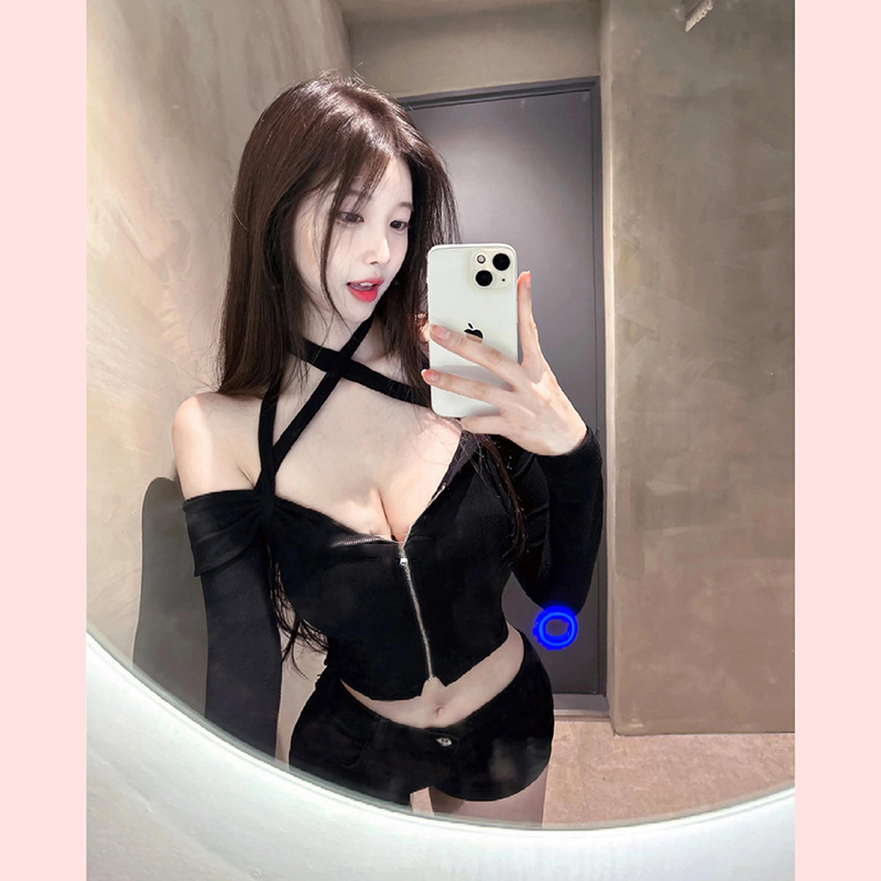 拉链紧身长袖T恤质显身材上衣