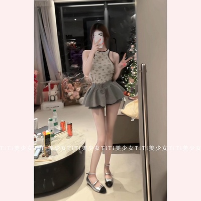 纯欲风卡通印花撞色吊带背心上衣