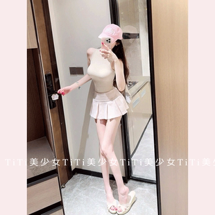 【TiTi美少女】纯欲针织半高领修身背心上衣辣妹粉百褶半身裙套装