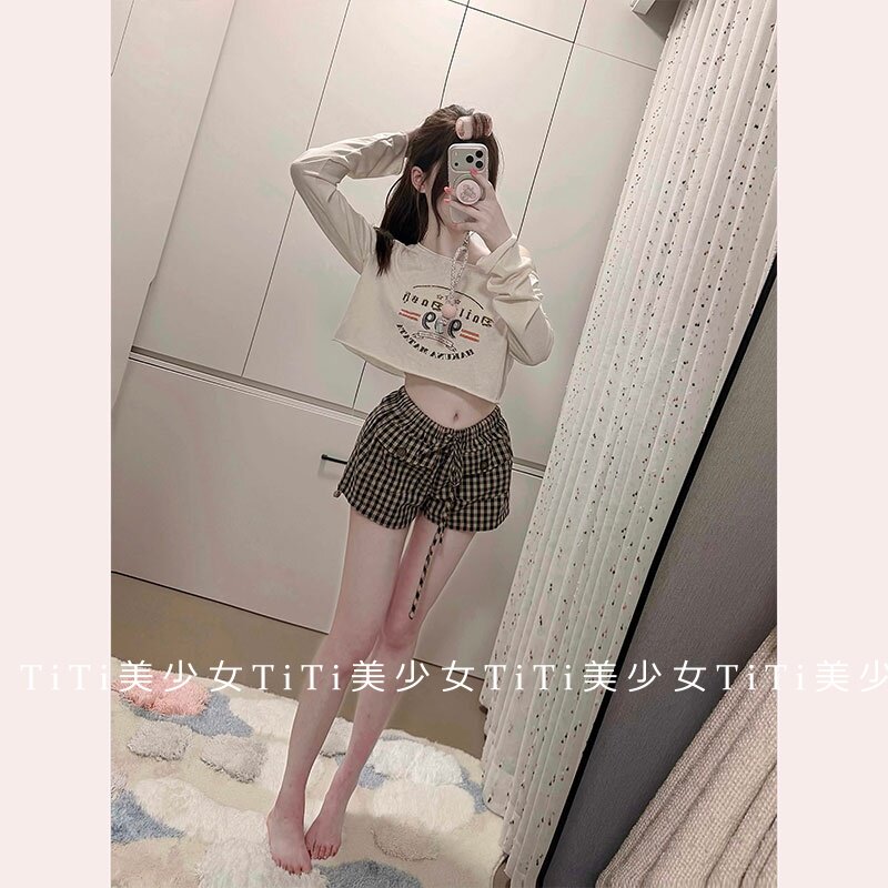 【TiTi美少女】秋季纯欲风美式短款长袖T恤+格纹抽绳紧腰休闲短裤