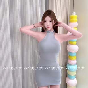 baby蓝纯欲抽褶包臀性感露背挂脖系带连衣裙短裙 TiTi美少女