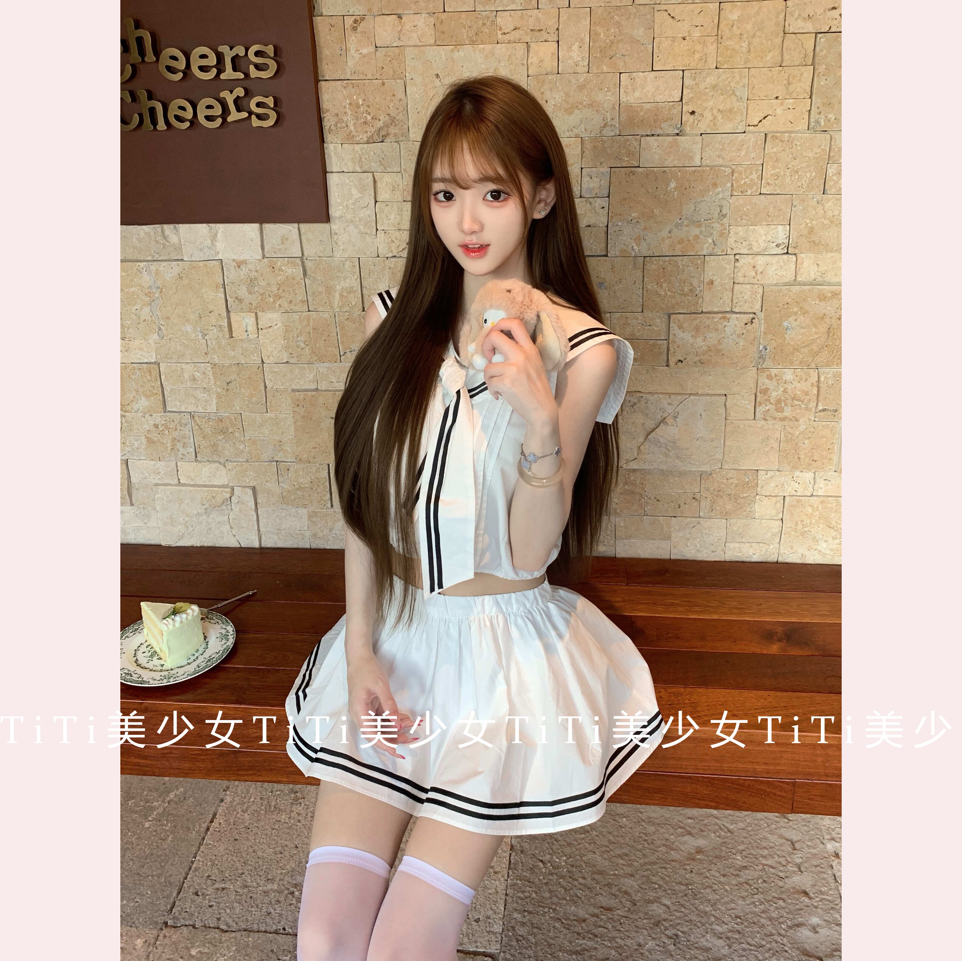 【TiTi美少女】纯欲学院风两件套无袖短款海军领衬衫上衣短裙套装