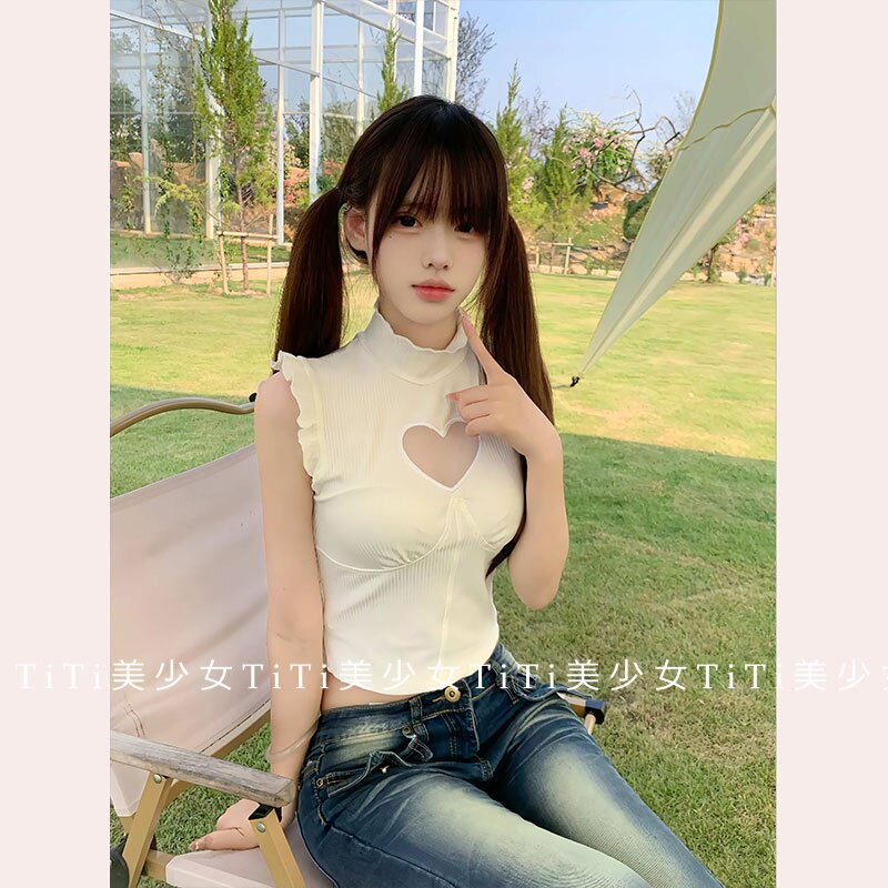 【TiTi美少女】纯欲风挂脖无袖背心女秋新款花边短款爱心网纱上衣