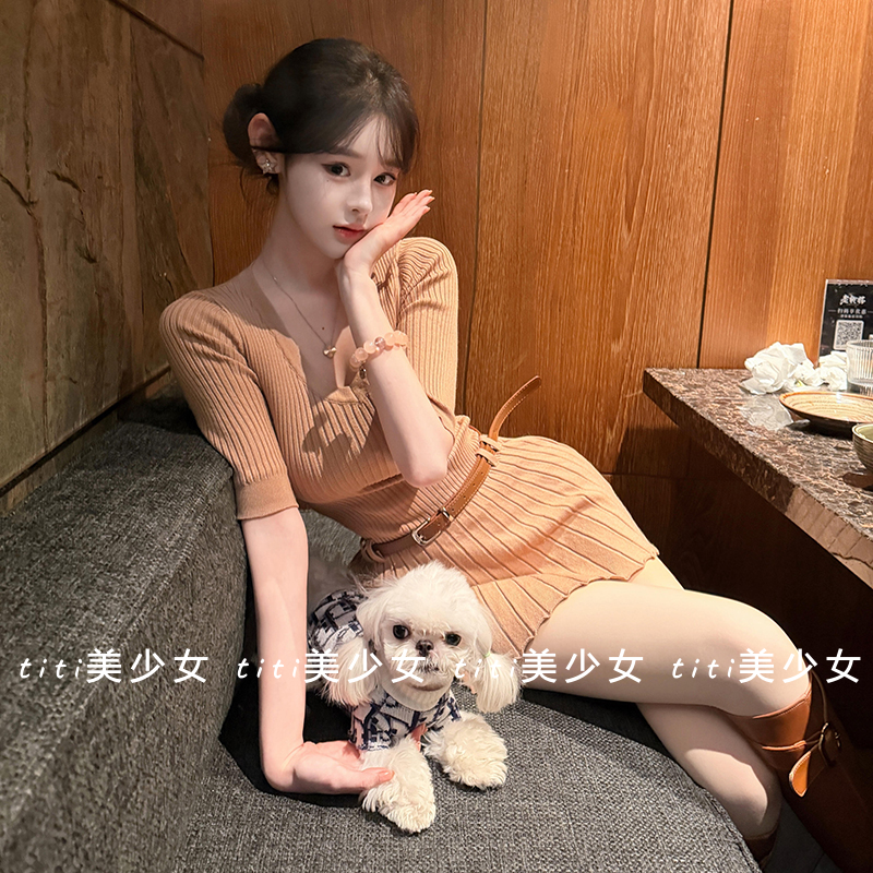 气质中袖针织收腰显瘦百褶裙