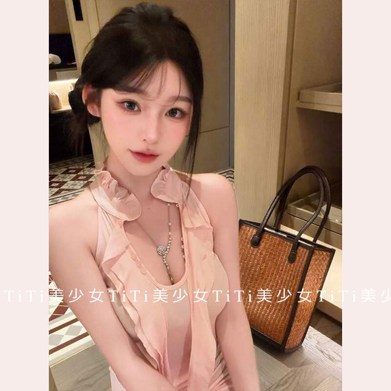 【TiTi美少女】粉色荷叶边吊带挂脖连衣裙女夏季修身收腰包臀短裙