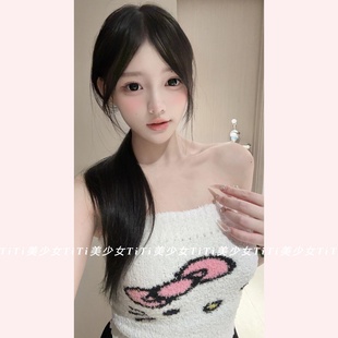 针织卡通印花抹胸背心上衣女 纯欲风kitty白色短款 TiTi美少女