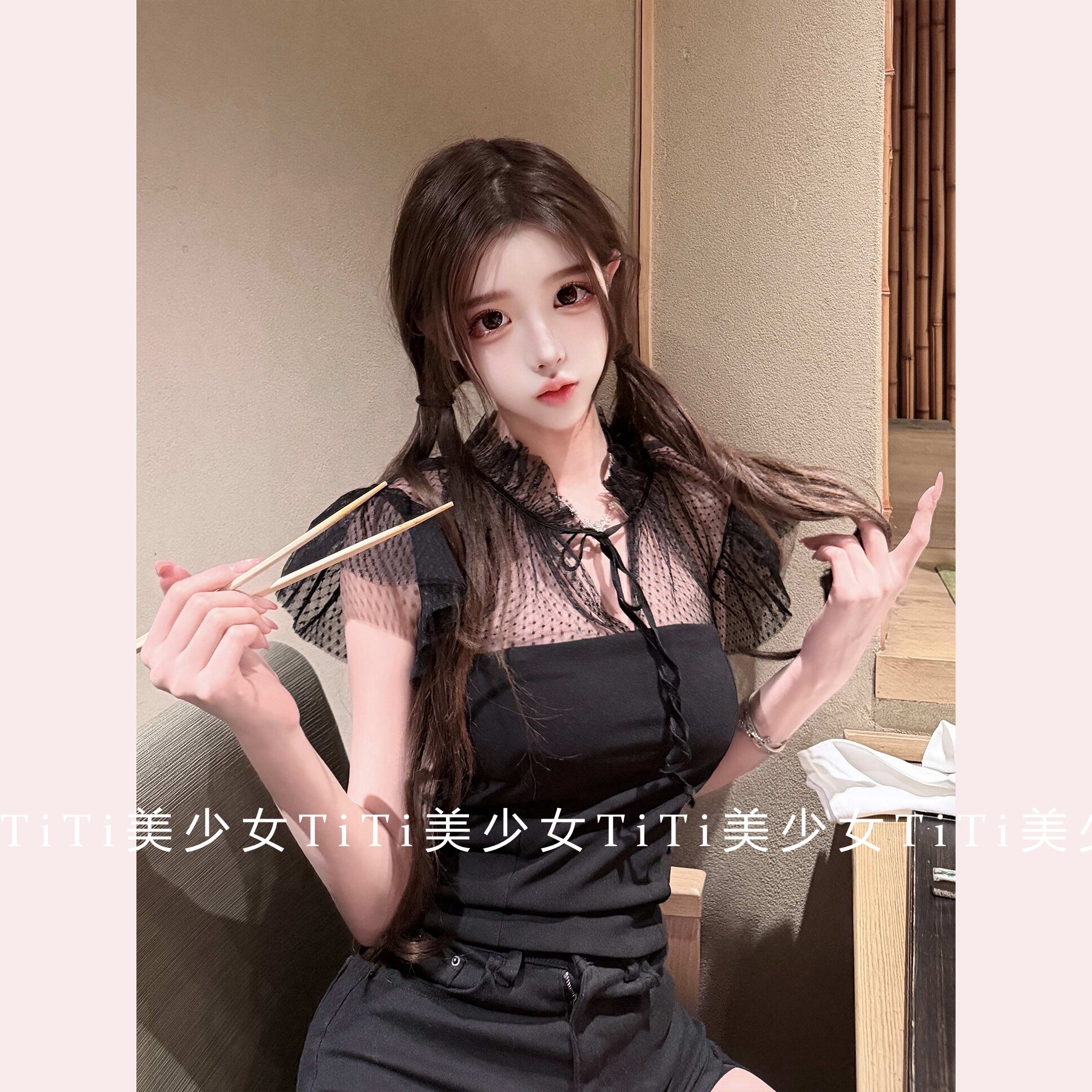 【TiTi美少女】纯欲风性感网纱丝绒蝴蝶结拼接设计感上衣辣妹女装