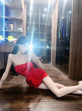 【TiTi美少女】 立体花朵抹胸气质红色短裙女包臀缩褶高腰连衣裙