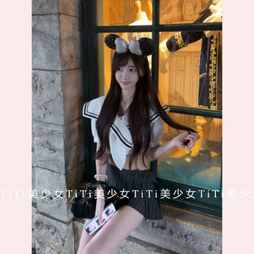 海军领短袖衬衫衬衣露脐百褶短裙