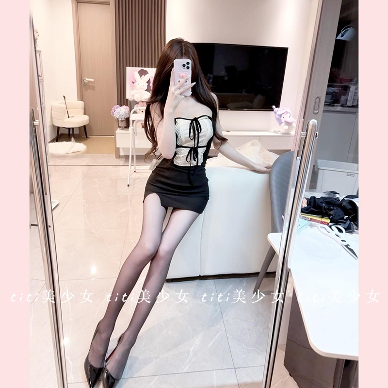 性感纯欲风蕾丝边飘带抹胸