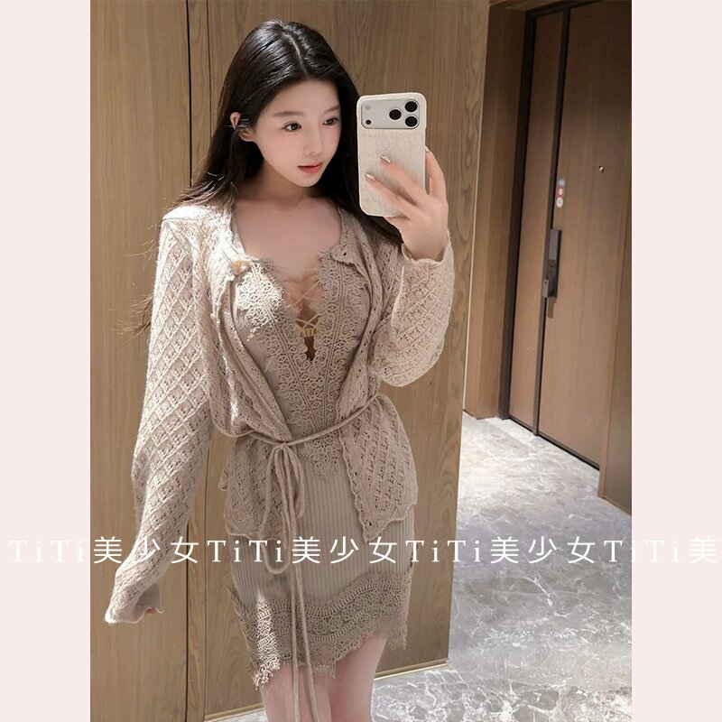 【TiTi美少女】绒感纯欲蕾丝水貂毛毛针织连衣裙女秋薄款开衫外套