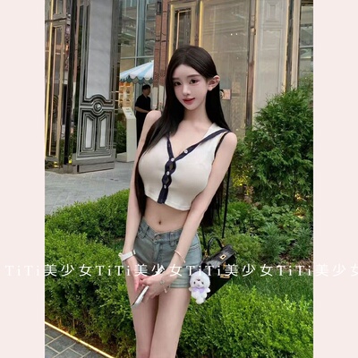 性感显胸大披肩撞色无袖T恤