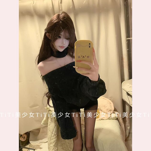 【TiTi美少女】纯欲一字肩长袖套头毛衣女秋冬新款麻花修身针织衫