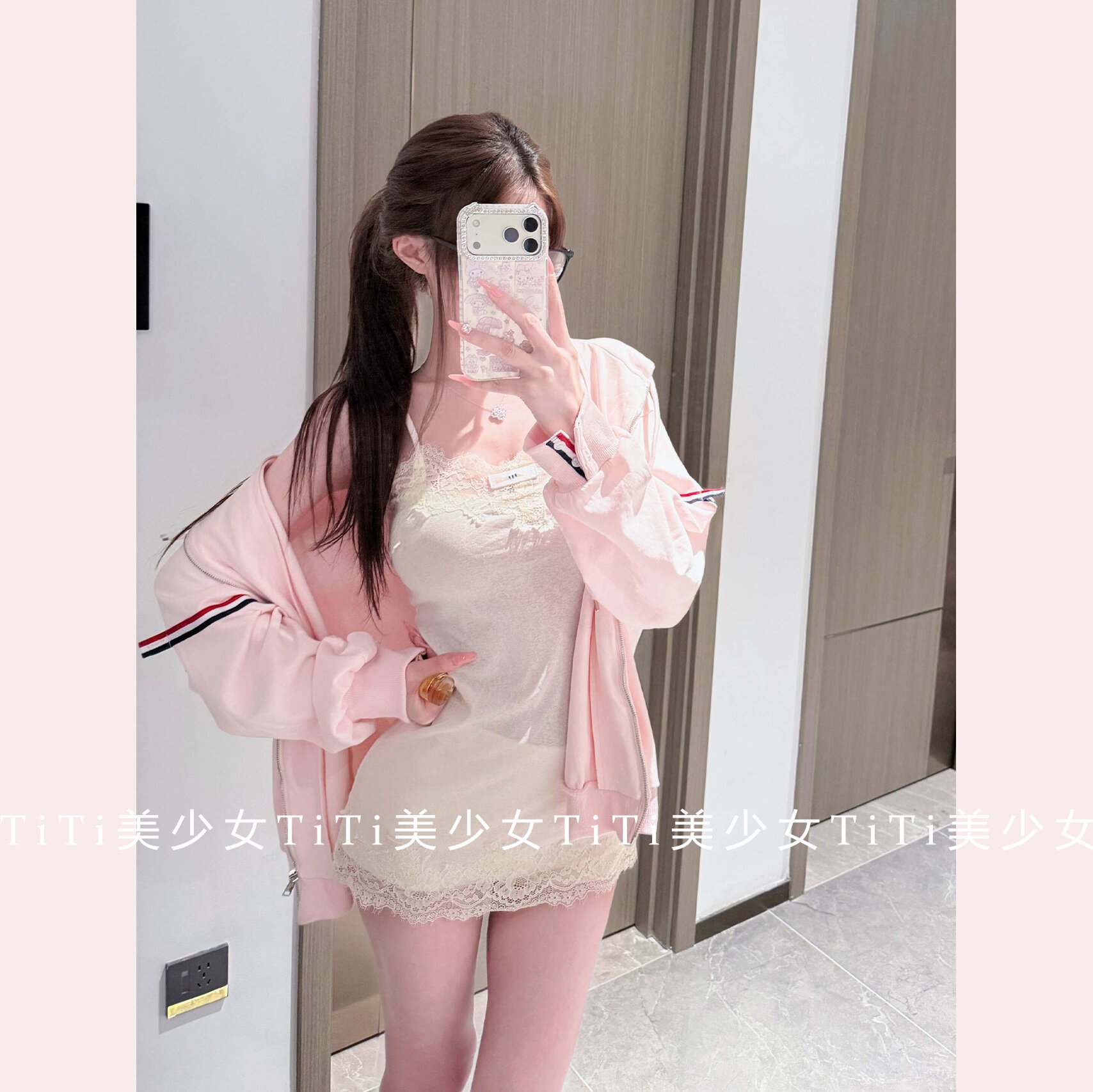 【TiTi美少女】少女感三色织带嫩粉色垂感连帽拉链宽松卫衣外套女