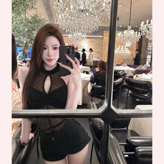 【TiTi美少女】纯欲性感网纱拼接透视无袖背心女镂空显瘦辣妹上衣