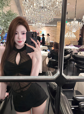 【TiTi美少女】纯欲性感网纱拼接透视无袖背心女镂空显瘦辣妹上衣