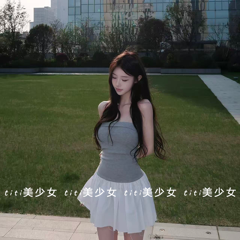【TiTi美少女】纯欲风性感卷边一字肩抹胸针织拼接包臀显瘦连衣裙