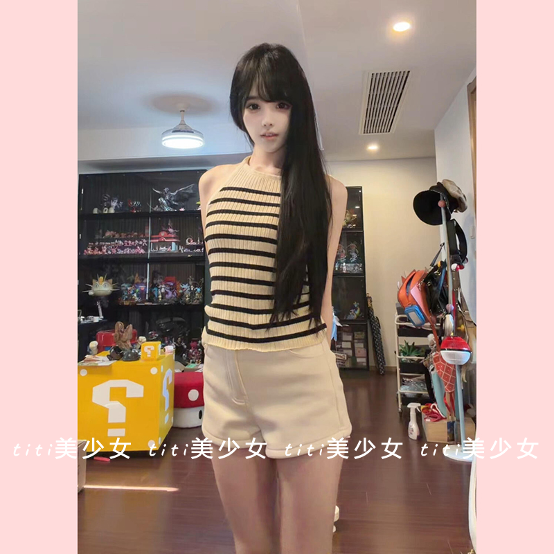 【TiTi美少女】纯欲性感挂脖条纹吊带背心女春辣妹内搭显瘦短上衣,女装/女士精品,大码内搭,淘宝优惠券,粉丝福利购,淘宝优惠卷