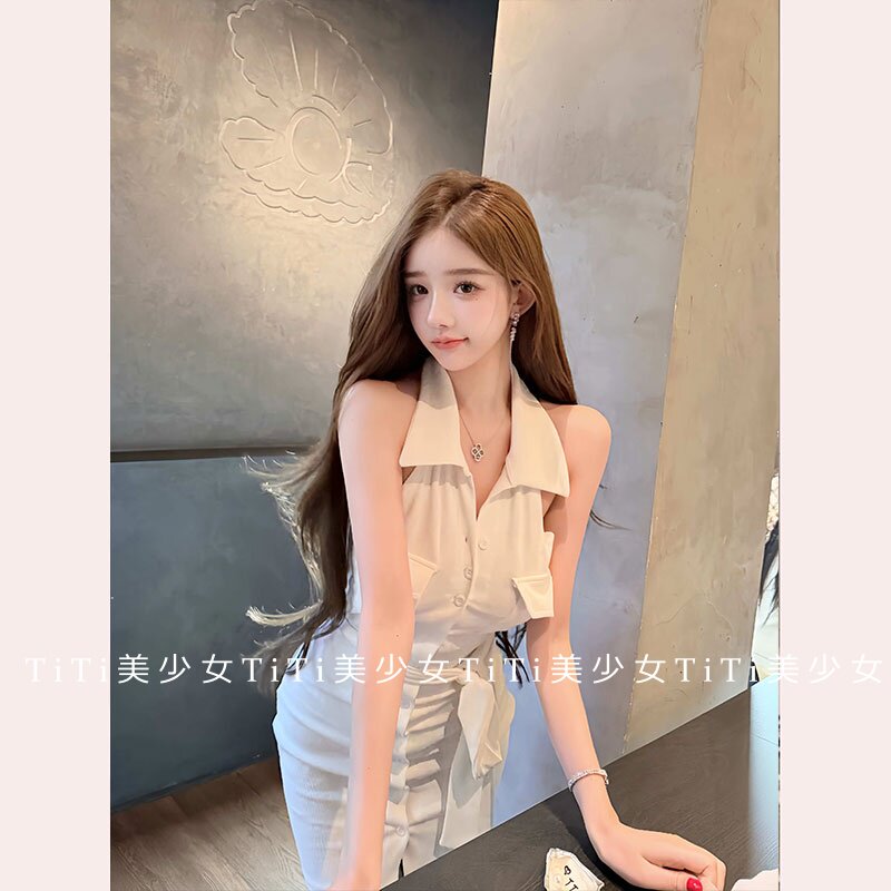【TiTi美少女】纯欲翻领显身材显胸无袖连衣裙女秋冬低胸包臀短裙