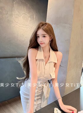 翻领显身材显胸无袖连衣裙