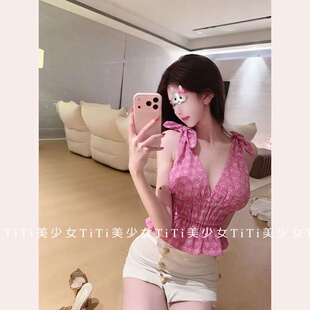【TiTi美少女】纯欲风性感镂空v领刺绣蝴蝶结背心修身显瘦上衣女