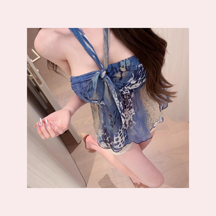 TiTi美少女 古早气质名媛性感挂脖上衣女收腰显瘦遮肉雪纺抹胸