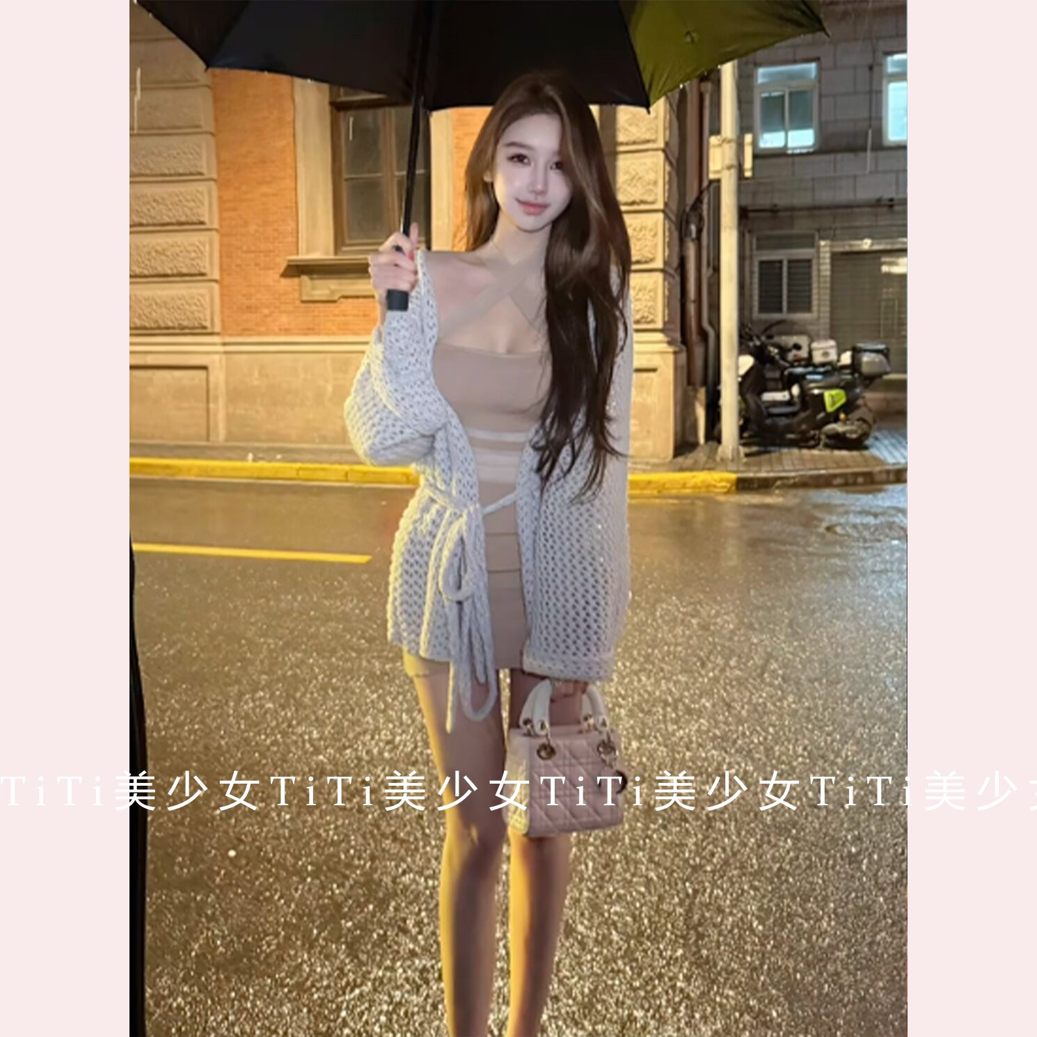 【TiTi美少女】秋季宽松镂空针织开衫外套慵懒收腰显瘦系带上衣女