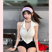 纯欲风甜美显胸翻领挂脖无袖 TiTi美少女 背心女性感露背上衣