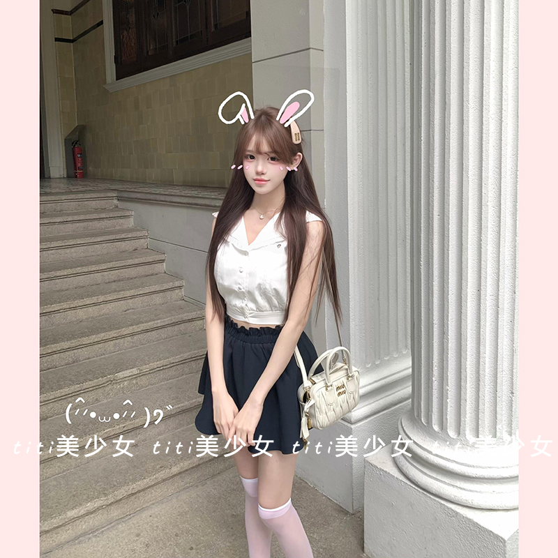 【TiTi美少女】纯欲风花瓣翻领无袖衬衫上衣+藏青蓬蓬裙时尚套装