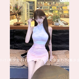 【TiTi美少女】中高领微透无袖t恤短款上衣/高腰褶皱包臀半身裙女