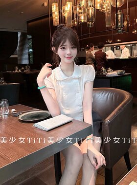 双排扣褶皱领娃娃衫纯欲宽松上衣