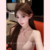 纯欲风粉色针织挂脖吊带背心女春季 TiTi美少女 扭结不规则上衣