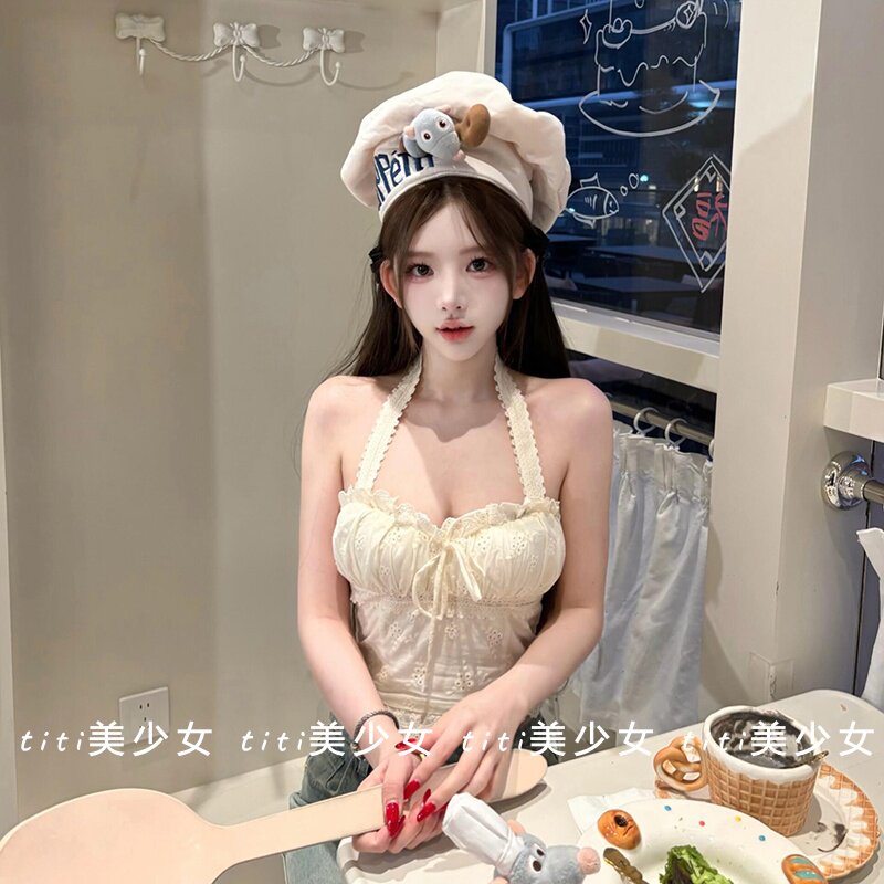 【TiTi美少女】纯欲风法式蕾丝钩花挂脖背心春季高腰花边小上衣