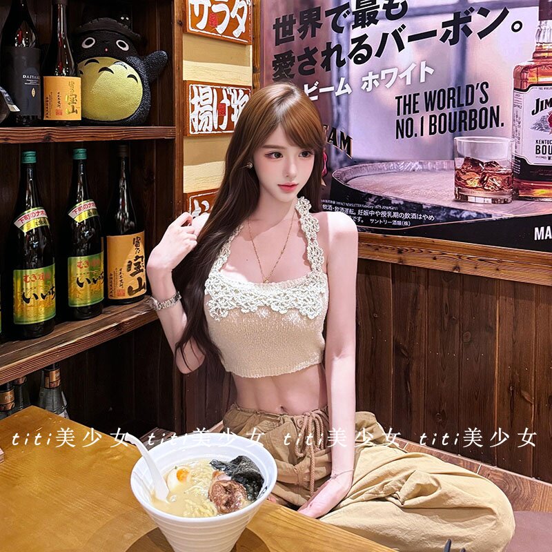 【TiTi美少女】纯欲手工钩花针织衫上衣春季短款露背挂脖吊带背心