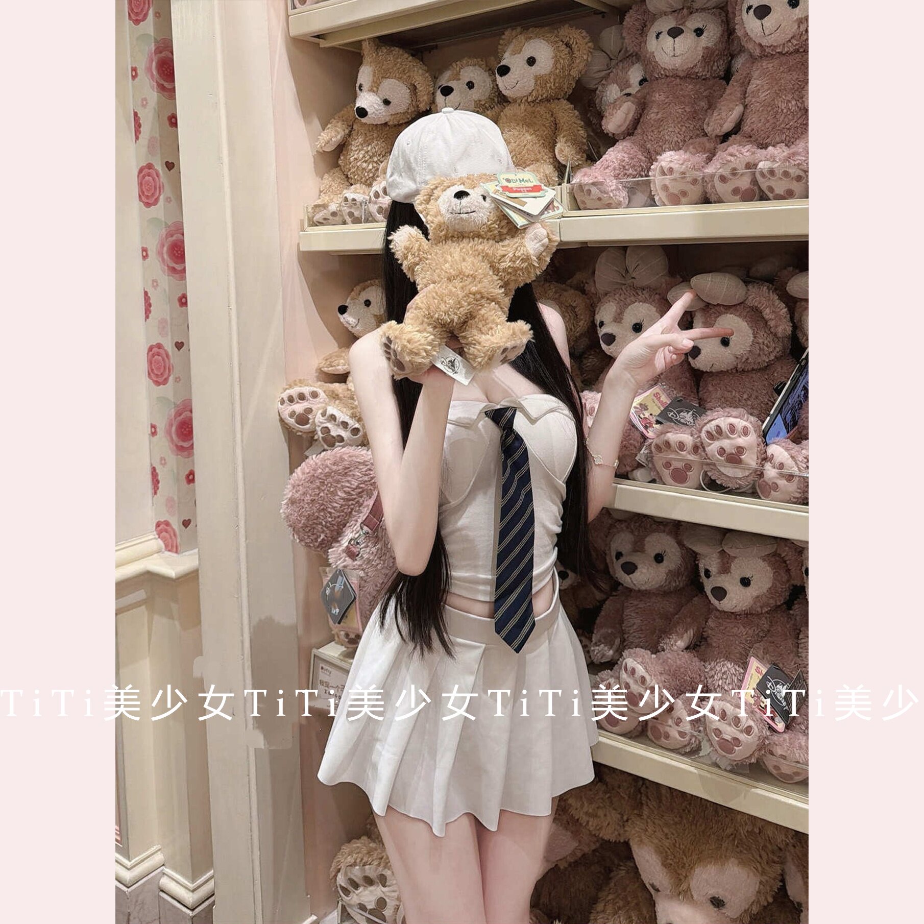 【TiTi美少女】翻领条纹领带一字肩抹胸背心女褶皱收腰带胸垫上衣