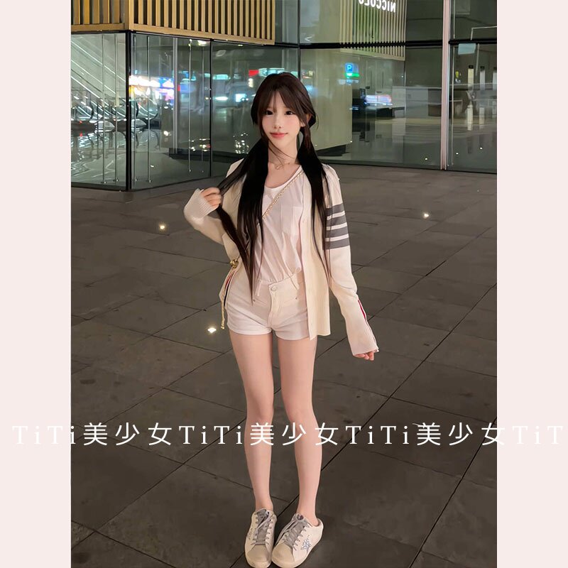 【TiTi美少女】秋白色针织松弛开衫薄款外搭修身显瘦长袖上衣外套