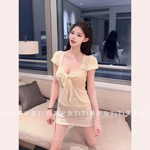 【TiTi美少女 】夏季性感低领蝴蝶结纯欲小飞袖短款收腰针织上衣