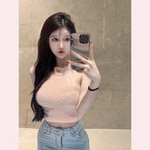 粉色挂脖美背性感毛绒吊带背心女新款 TiTi美少女 春不规则上衣