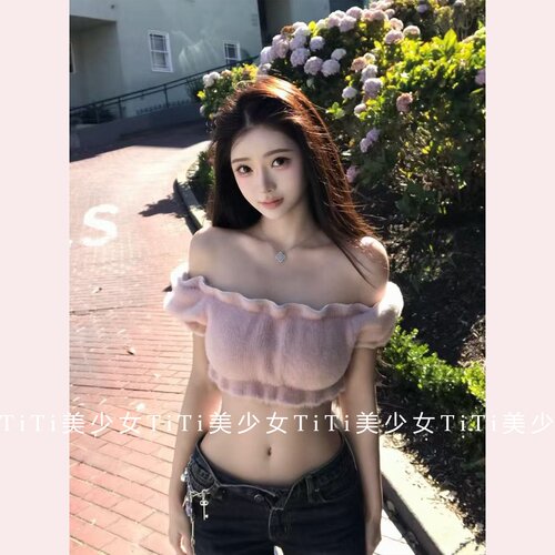 露脐短袖褶皱针织短款上衣
