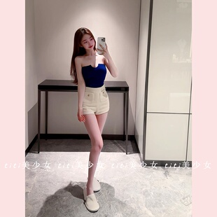 无袖 克莱茵蓝弹力抹胸上衣辣妹针织短款 露背背心 TiTi美少女