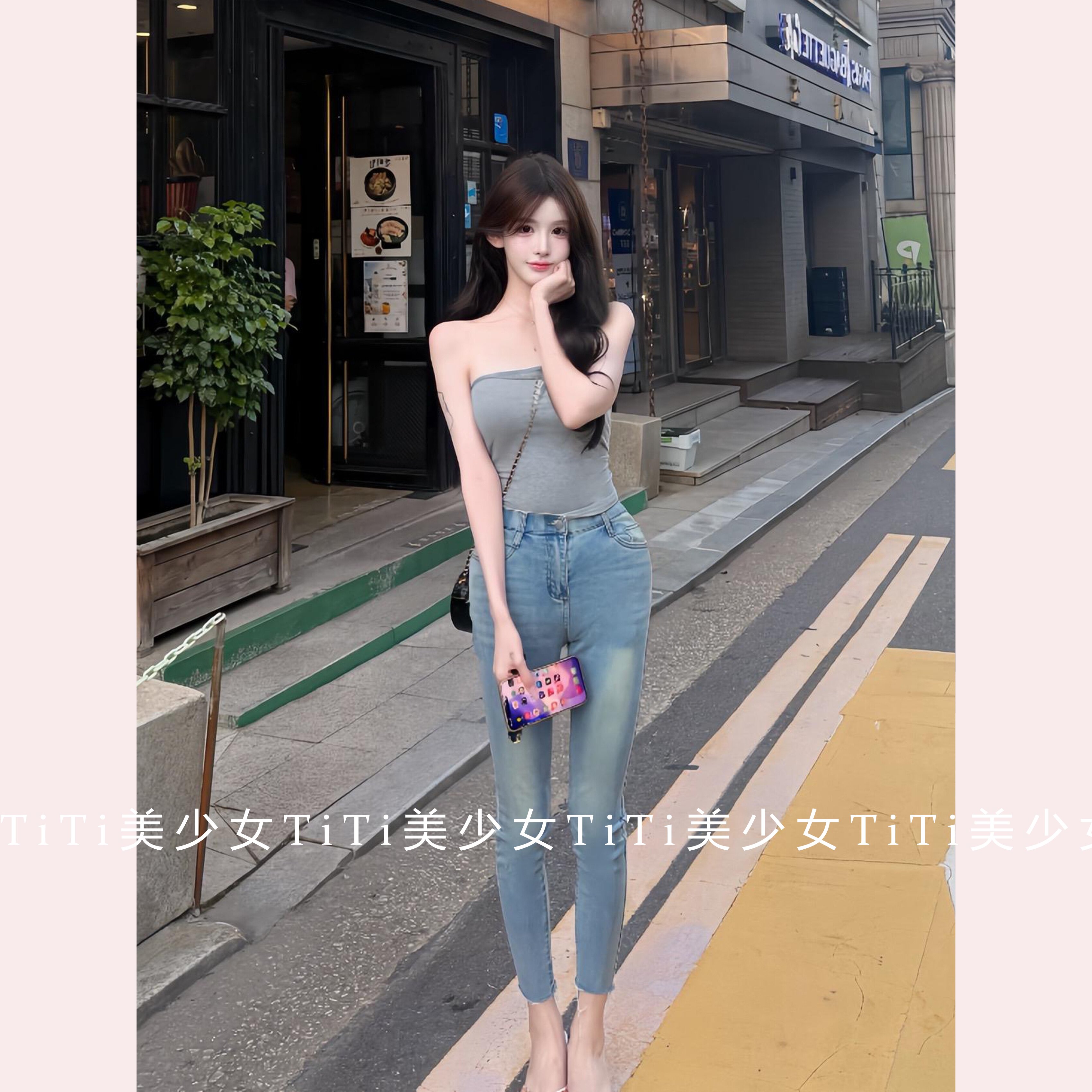 【TiTi美少女】性感显身材抹胸百搭短款上衣/丰胯高腰牛仔小脚裤
